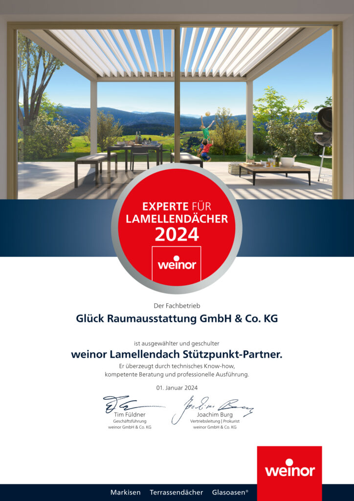 Urkunde Experte Weinor Lamellendach 2024 Glück Raumausstattung Weinor Dresden